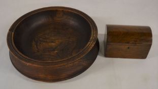 Large wooden bowl & a small domed top tea caddy