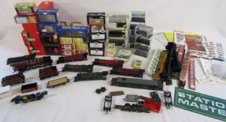 Collection of empty 00 gauge, car, wagon boxes and train parts including 2 diecast green trains
