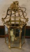 20th century hexagonal brass hall lantern with bevelled glass panels Ht 65cm