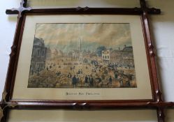 Large Victorian lithographic print "Boston May Fair 1842" in oak Oxford frame 84cm x 104cm