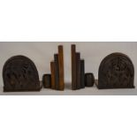 Pair of wooden bookends made of  teak from HMS Iron Duke & a pair of carved folding bookends