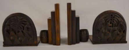 Pair of wooden bookends made of  teak from HMS Iron Duke & a pair of carved folding bookends