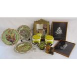 Orla Kiely yellow flower storage jars - Fenton China plates - Gardens, Oeillet, Bassin - pair of