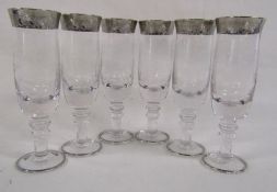 6 short stem flutes with silver rim - pattern to glass as well as rim - approx. 19cm tall