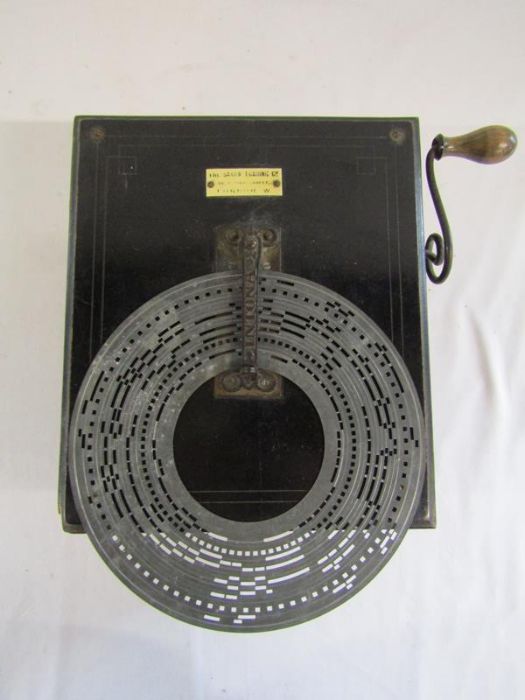 Ebonised wood Intona organette music player with plaque The Saxon Trading Co with 9 metal discs - - Image 6 of 7