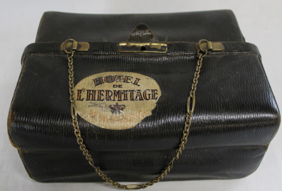 Victorian ladies leather travel case (distressed) marked Harrods, small vintage suitcase, wooden - Image 2 of 4