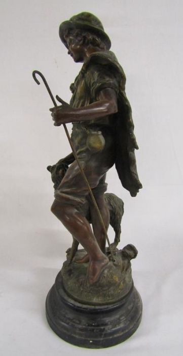 Bronze effect spelter figure on wooden base depicting shepherd boy and his dog - signed F Moreau - Image 4 of 8