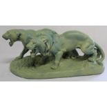 Large vintage French green painted plaster sculpture of male & female snarling lions with incised