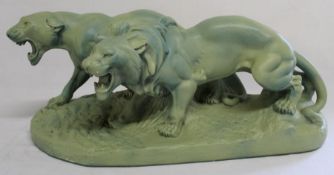 Large vintage French green painted plaster sculpture of male & female snarling lions with incised