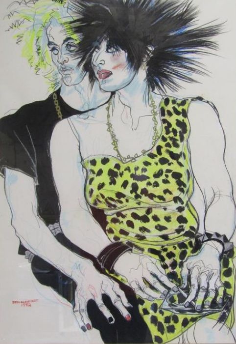 Jo Brocklehurst (1935-2006)  Punk Couple, framed, signed and dated 1982, mixed media, approx. 106.