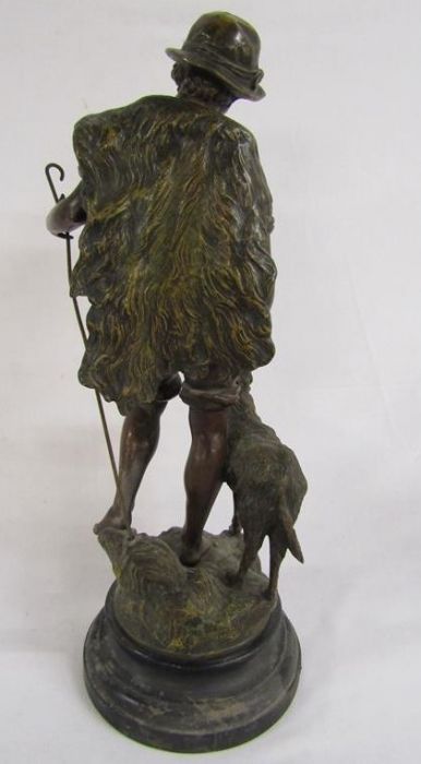 Bronze effect spelter figure on wooden base depicting shepherd boy and his dog - signed F Moreau - Image 5 of 8