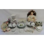 Quantity of Worcester Herbs tableware, Poole jug, modern bisque doll etc.