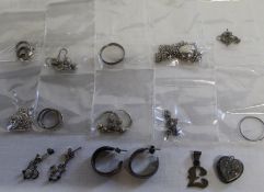 Silver belcher chain necklace, silver heart locket, silver £ pendant, white metal jewellery etc.