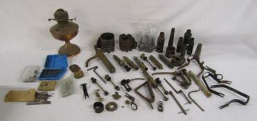 Collection of blow torch and blow pipe spare parts and a brass lamp base