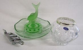 Josef Inwald green glass fish bowl with frosted glass fish - Royal Doulton crystal rose bowl and a