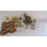 Collection of items including Capodimonte elephant, Kiln Craft cups and saucers, small brass