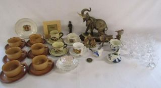 Collection of items including Capodimonte elephant, Kiln Craft cups and saucers, small brass