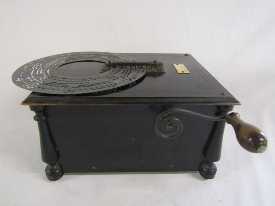 Ebonised wood Intona organette music player with plaque The Saxon Trading Co with 9 metal discs - - Image 2 of 7