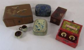 Collection of trinket boxes (some lacquered) including one marked Mexico, and Chinese Baoding balls