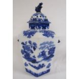 Large hexagonal pot pourri vase decorated in Chinese blue and white design includes inner cover,