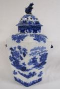 Large hexagonal pot pourri vase decorated in Chinese blue and white design includes inner cover,