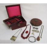 Jewellery box with key contains James Fenton 1908 silver enamelled bangle, red bead necklace,