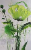Large oil on canvas with poppy type flowers in green approx. 119.5cm x 95cm