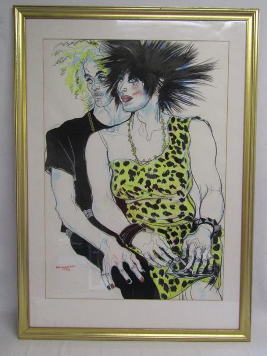 Jo Brocklehurst (1935-2006)  Punk Couple, framed, signed and dated 1982, mixed media, approx. 106. - Image 2 of 12