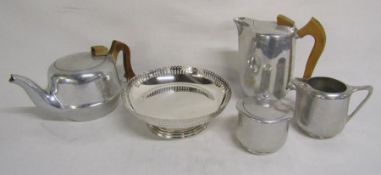 Picquot Ware T6 teapot, coffee pot, milk and sugar pots and a silver plate footed bowl