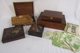 Collection of wooden boxes includes Madeira inlaid sewing box with contents and a selection of