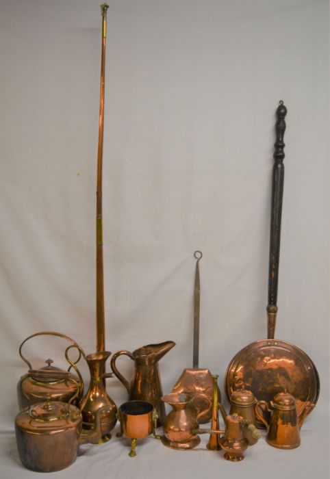 Collection of copper including coaching & hunting horns, warming pans, kettles, coffee & chocolate