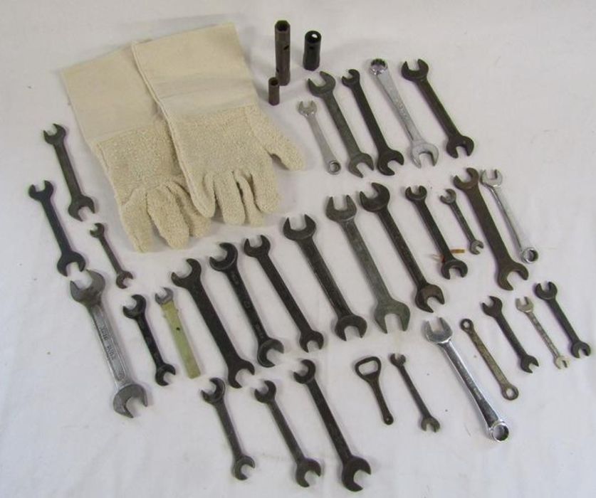 Collection of spanners King Dick, Eagle brand, Austin etc and some log burner gloves