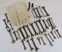Collection of spanners King Dick, Eagle brand, Austin etc and some log burner gloves