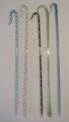 5 glass walking canes - clear glass spirally moulded with red, green and white scrolling, clear