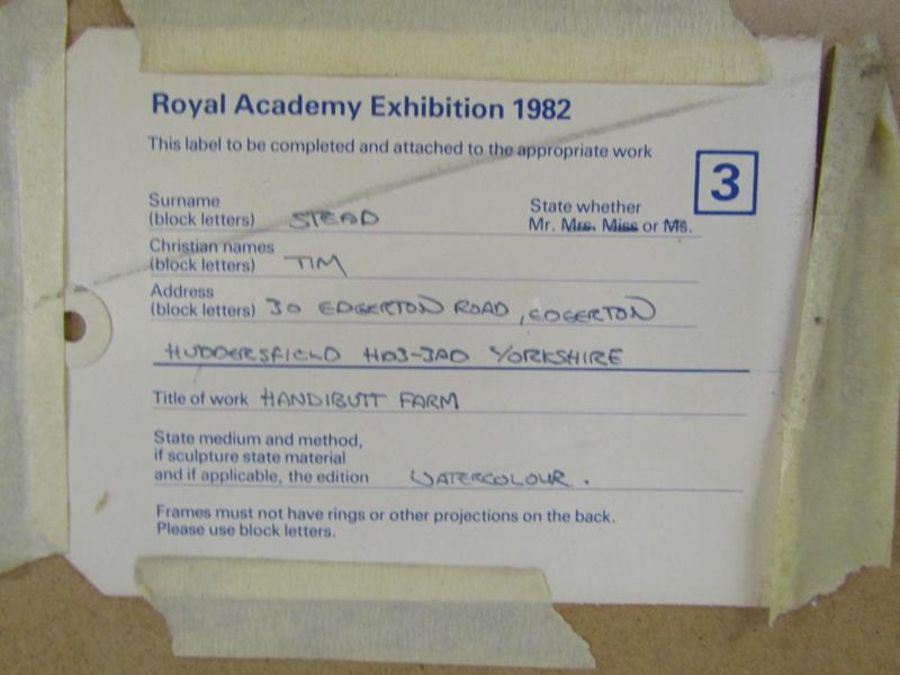 Watercolour by Tim Stead 1981 'Handibutt Farm' with Royal Academy Exhibition 1982 label to rear - Image 5 of 8