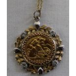 Elizabeth II 1982 gold half sovereign in 9ct gold pendant mount set with diamond chips on 9ct gold