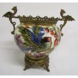 Late 19th century earthenware jardinière with ormolu gallery & base with handles depicting dragons