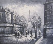 Framed with indistinct signature, black and white oil painting depicting a Parisian scene with the