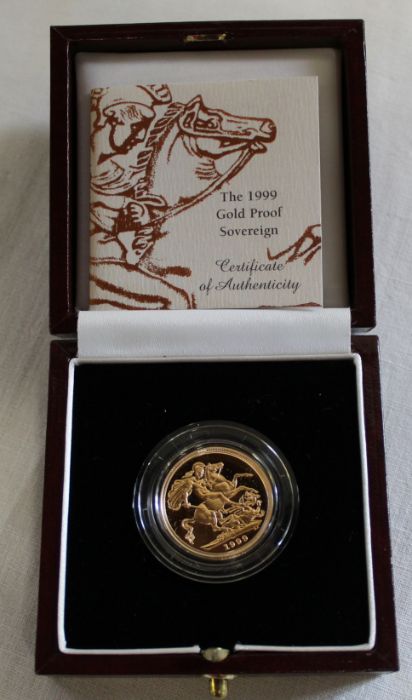 1999 gold proof sovereign no. 3059 in original box with certificate of authenticity