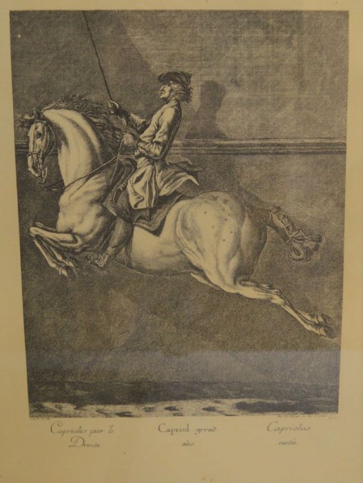 Five large 18th century style black & white framed prints of equestrian scenes each 52cm by 38cm - Image 2 of 2