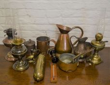 Various copper & brass items including 3 paraffin lamps, jugs, Pyrene fire extinguisher etc