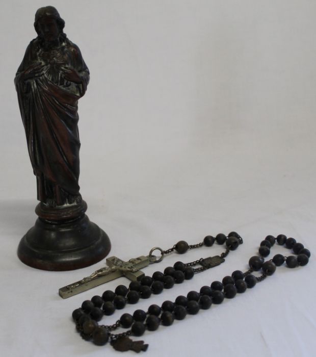 Small bronze figure of Jesus (19cm high) & wooden bead rosary