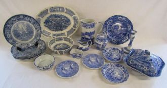 Collection of blue and white pottery including Spode Italian jug, candlestick and others, Georgian