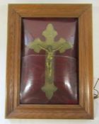 Framed brass crucifix INRI with convex glass (broken) approx. 50cm x 37cm