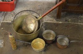Brass jam pan, saucepans, mill & a warming pan