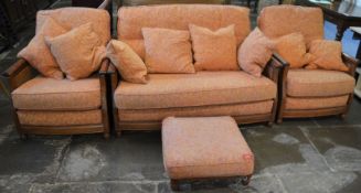 Ercol bergere 2 seater sofa & 2 arm chairs with a foot stool