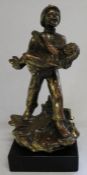 Polished metal sculpture of Victorian fireman carrying a young girl, raised on resin base, 34cm