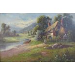 Oil on canvas in gilded oak frame depicting riverside cottage with girl feeding chickens - part Alex