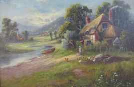 Oil on canvas in gilded oak frame depicting riverside cottage with girl feeding chickens - part Alex