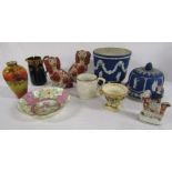 Collection of ceramics including Wedgwood Jasper ware planter and unmarked cheese bell, vase (